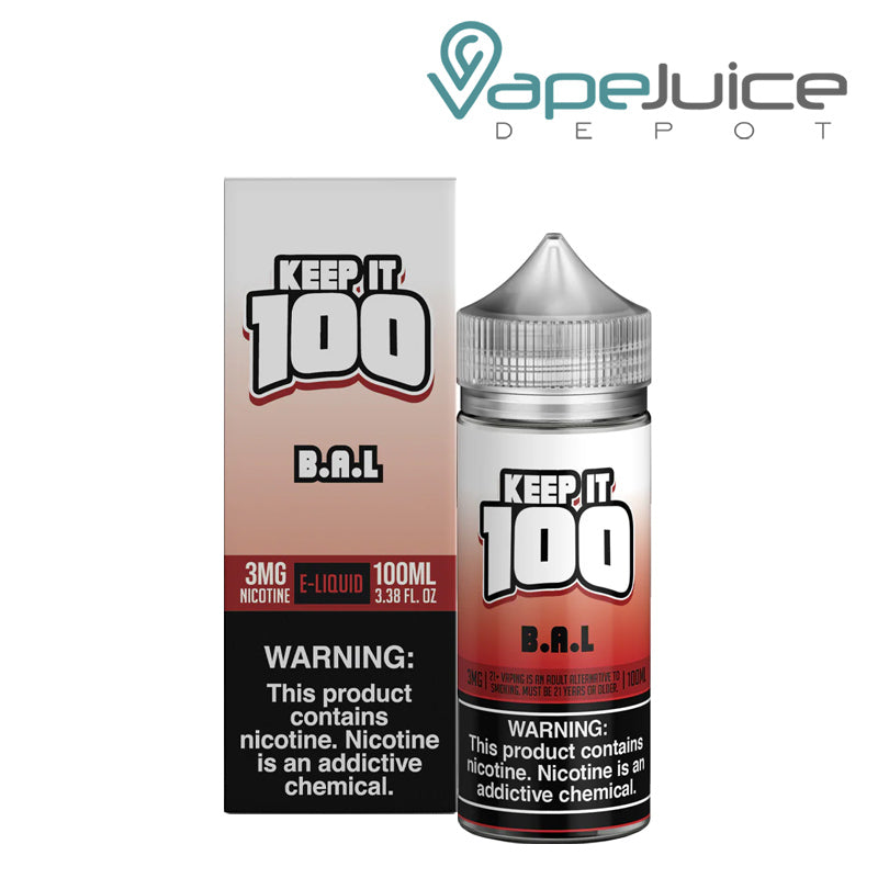 A Box of B.A.L. (Berry Au Lait) Keep it 100 TFN eLiquid with a warning sign and a 100ml bottle next to it - Vape Juice Depot