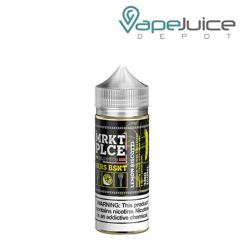 A 100ml bottle of Lemon Biscotti MRKTPLCE BKRS BSKT with a warning sign - Vape Juice Depot