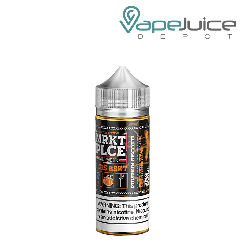 A 100ml bottle of Pumpkin Biscotti MRKTPLCE BKRS BSKT with a warning sign - Vape Juice Depot