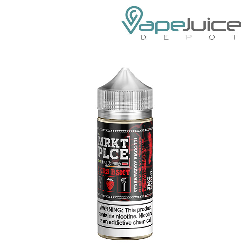 A 100ml bottle of Strawberry Biscotti MRKTPLCE BKRS BSKT with a warning sign - Vape Juice Depot