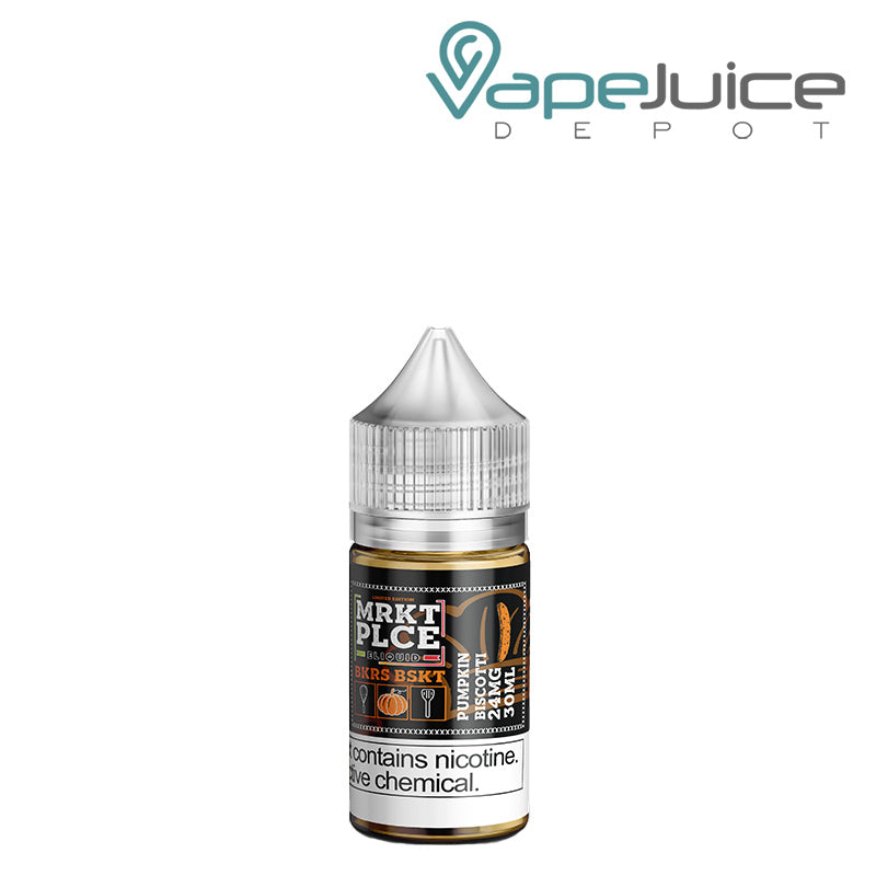 A 30ml bottle of Pumpkin Biscotti MRKTPLCE BKRS BSKT Salts with a warning sign - Vape Juice Depot