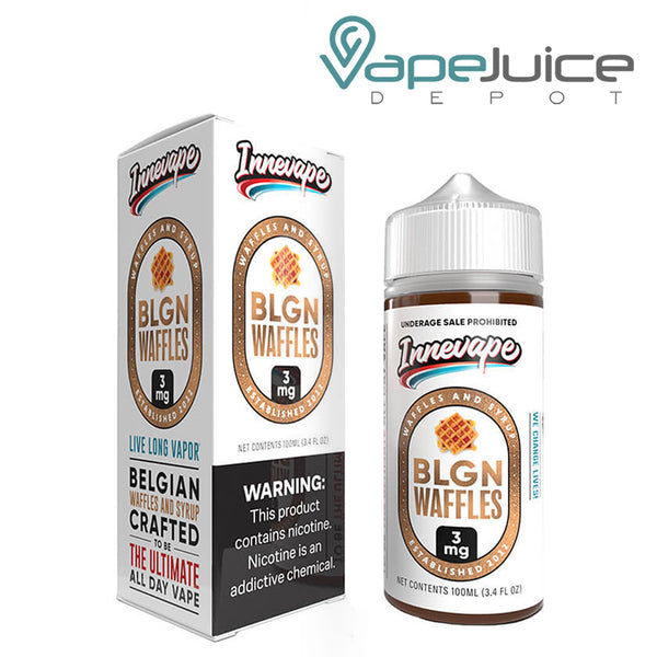 A box of BLGN Waffles Innevape TF Nic with a warning sign and a 100ml bottle next to it - Vape Juice Depot