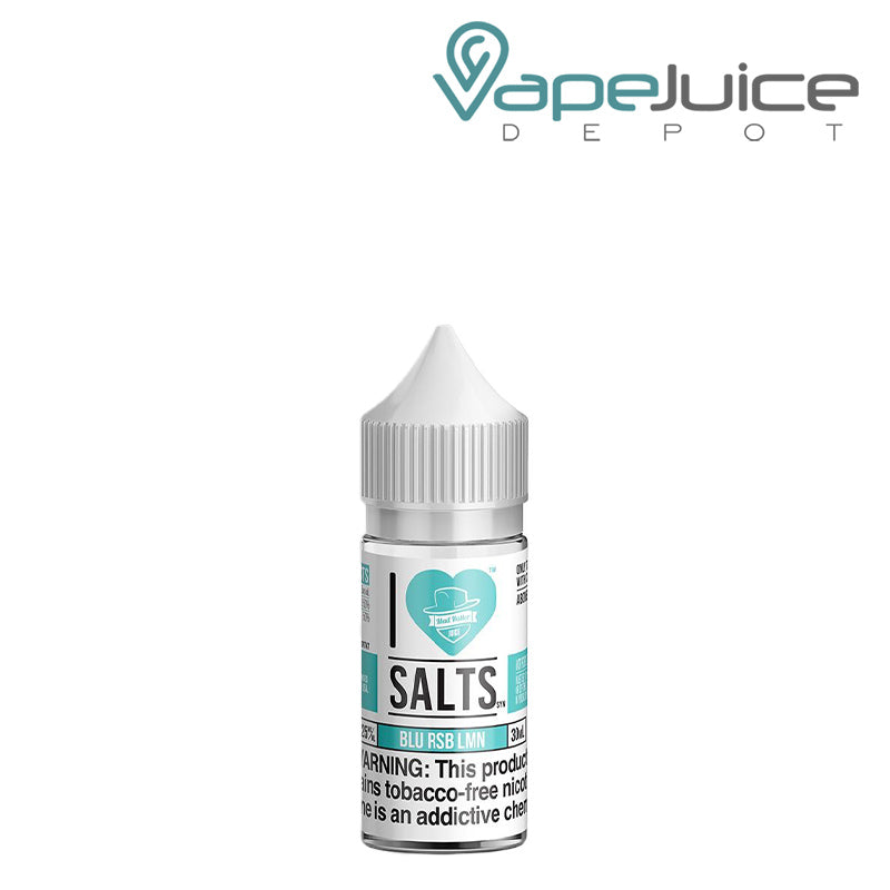 A 30ml bottle of BLU RSP LMN I Love Salts by Mad Hatter with a warning sign - Vape Juice Depot