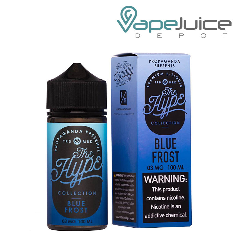 A 100ml bottle of BLUE FROST Propaganda The Hype eLiquid with a warning sign and a box next to it - Vape Juice Depot