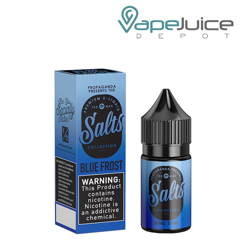 A box of BLUE FROST Slushee Propaganda Salts with a warning sign and a 30ml bottle next to it - Vape Juice Depot