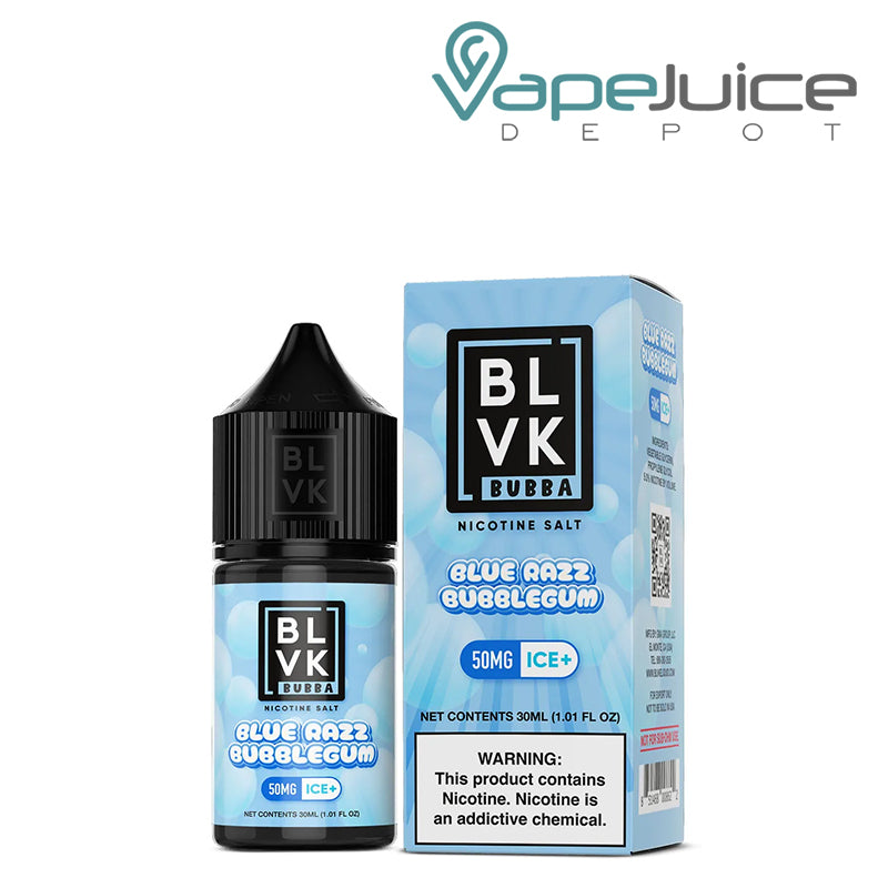 A 30ml bottle of Blue Razz Bubblegum BLVK Bubba Salt 50mg and a box with a warning sign next to it - Vape Juice Depot