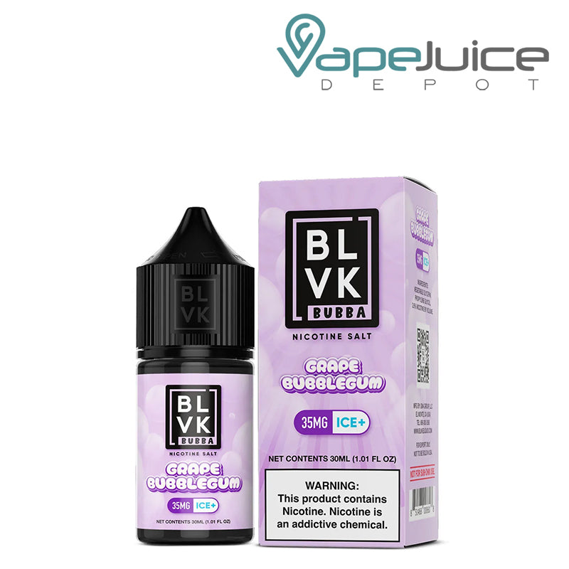 A 30ml bottle of Grape Bubblegum BLVK Bubba Salt 35mg and a box with a warning sign next to it - Vape Juice Depot