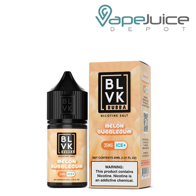 A 30ml bottle of Melon Bubblegum BLVK Bubba Salt 35mg and a box with a warning sign next to it - Vape Juice Depot