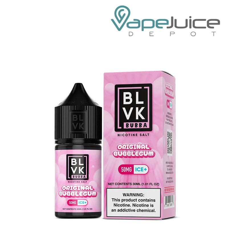 A 30ml bottle of Original Bubblegum BLVK Bubba Salt 50mg and a box with a warning sign next to it - Vape Juice Depot