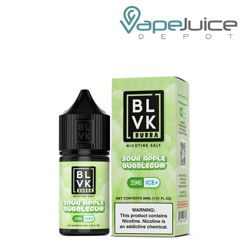 A 30ml bottle of Sour Apple Bubblegum BLVK Bubba Salt 35mg and a box with a warning sign next to it - Vape Juice Depot