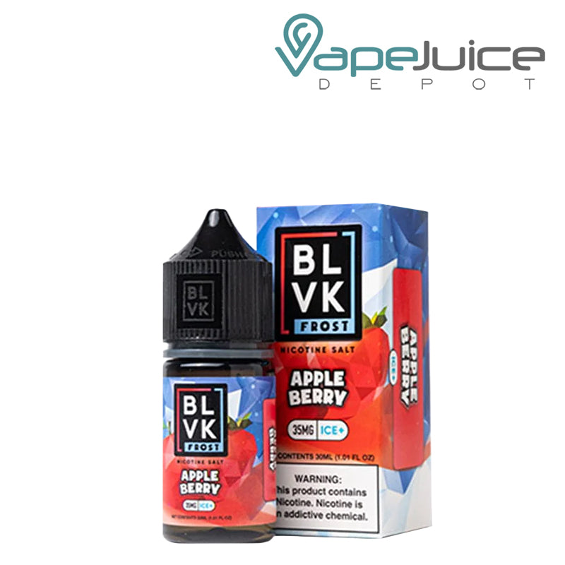A 30ml bottle of Apple Berry Salt BLVK Frost and a box with a warning sign next to it - Vape Juice Depot