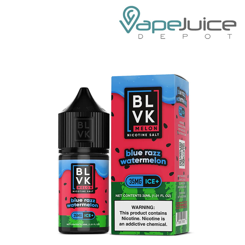 A 30ml bottle of Blue Razz Watermelon BLVK Melon Salt 35mg and a box with a warning sign next to it - Vape Juice Depot