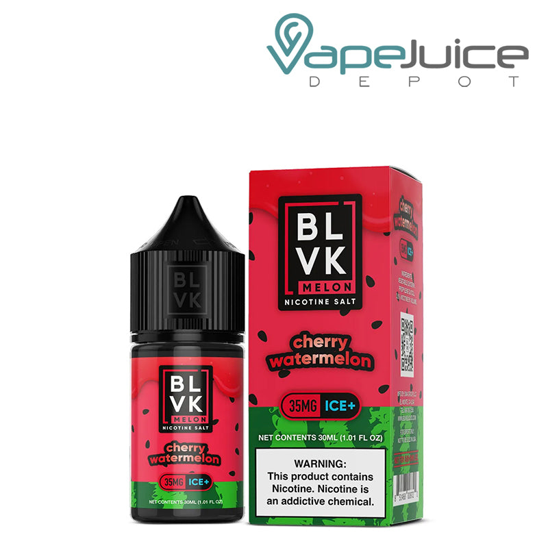 A 30ml bottle of Cherry Watermelon BLVK Melon Salt 35mg and a box with a warning sign next to it - Vape Juice Depot