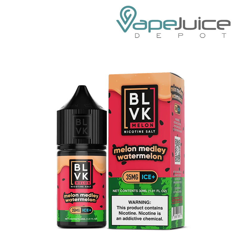 A 30ml bottle of Melon Medley Watermelon BLVK Melon Salt 35mg and a box with a warning sign next to it - Vape Juice Depot