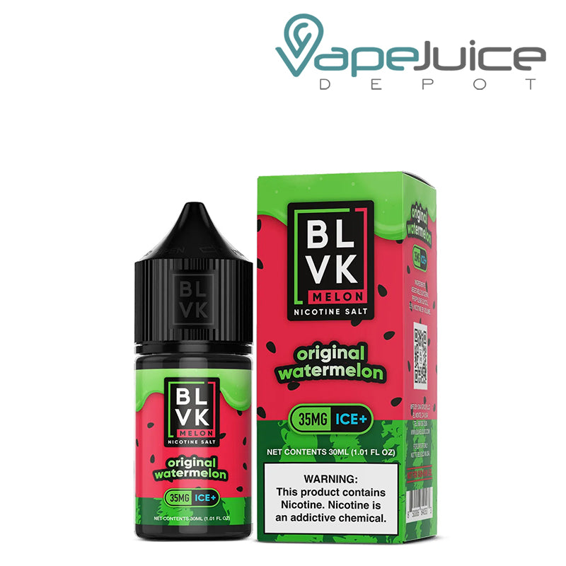 A 30ml bottle of Original Watermelon BLVK Melon Salt 35mg and a box with a warning sign next to it - Vape Juice Depot