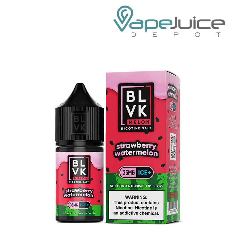 A 30ml bottle of Strawberry Watermelon BLVK Melon Salt 35mg and a box with a warning sign next to it - Vape Juice Depot