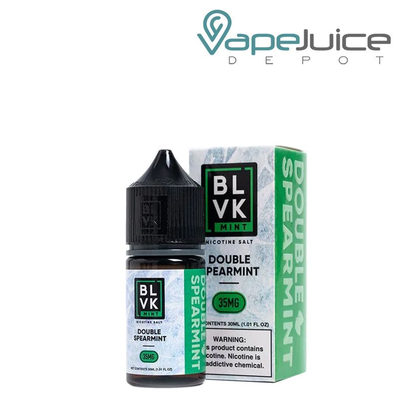 A 30ml bottle of Double Spearmint Salt BLVK Mint and a box with a warning sign next to it - Vape Juice Depot