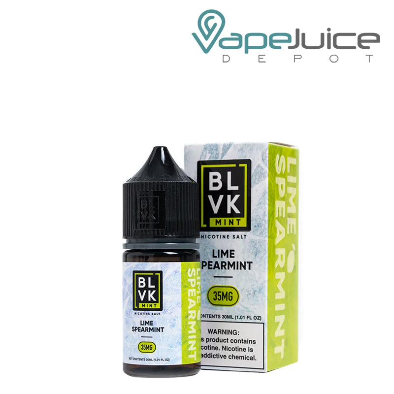 A 30ml bottle of Lime Spearmint Salt BLVK Mint and a box with a warning sign next to it - Vape Juice Depot