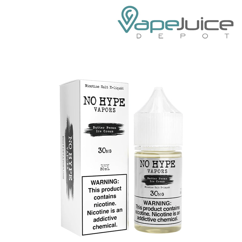 A box of Butter Pecan Ice Cream No Hype Vapors with a warning sign and a 30ml bottle next to it - Vape Juice Depot