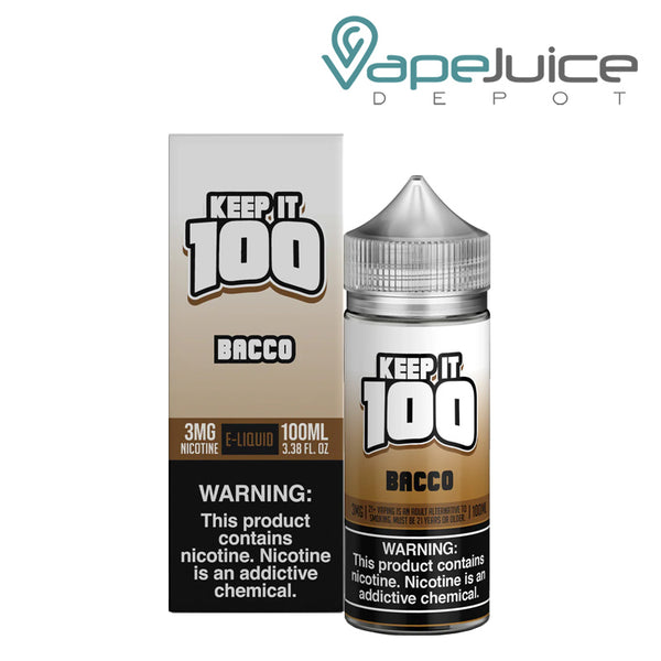 A box of Bacco Keep it 100 TFN eLiquid with a warning sign and a 100ml bottle next to it - Vape Juice Depot