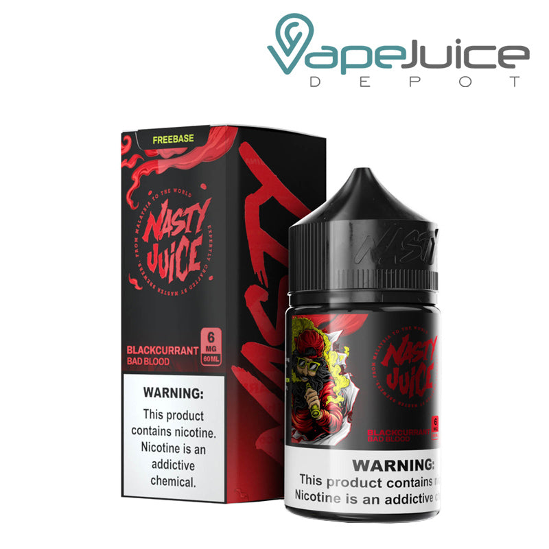 A box of Bad Blood Nasty Juice with a warning sign and a 60ml bottle next to it - Vape Juice Depot