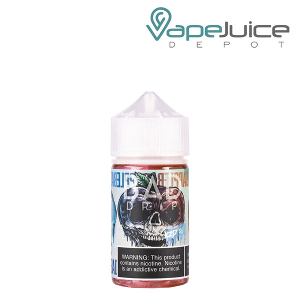 A 60ml bottle of Bad Apple Iced Bad Drip eLiquid with a warning sign - Vape Juice Depot
