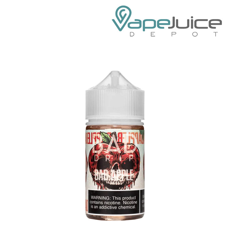 A 60ml bottle of Bad Apple Bad Drip eLiquid with a warning sign - Vape Juice Depot