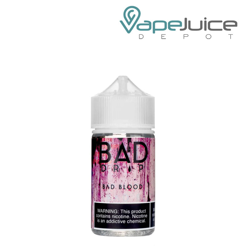 A 60ml bottle of Bad Blood Bad Drip eLiquid with a warning sign - Vape Juice Depot