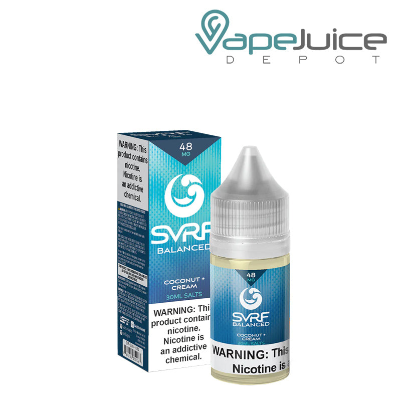 A box of Balanced SVRF Salt eLiquid with a warning sign and a 30ml bottle next to it - Vape Juice Depot