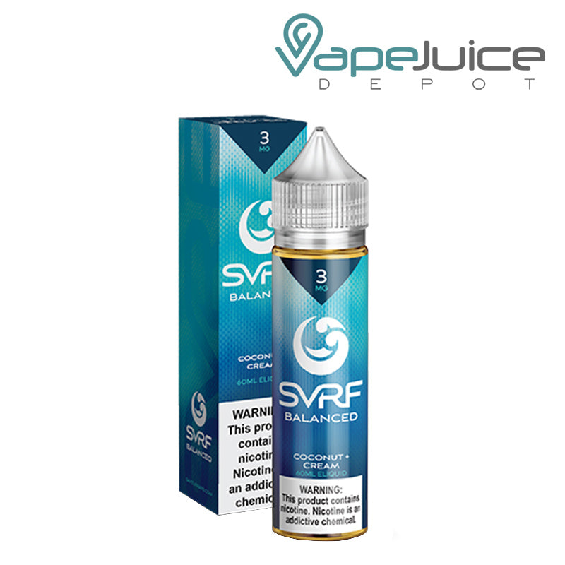 A box of Balanced SVRF eLiquid with a warning sign and a 60ml bottle next to it - Vape Juice Depot