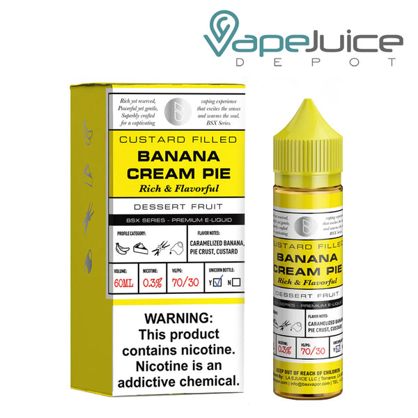 A box of Banana Cream Pie Glas Basix Series with a warning sign and a 60ml bottle next to it - Vape Juice Depot