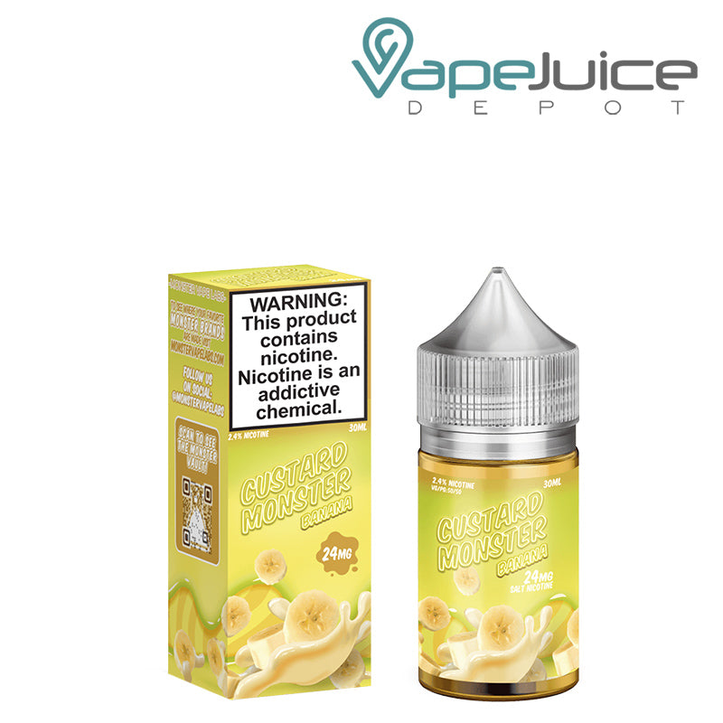 A box of Banana Custard Jam Monster Salts with a warning sign and a 30ml bottle next to it - Vape Juice Depot