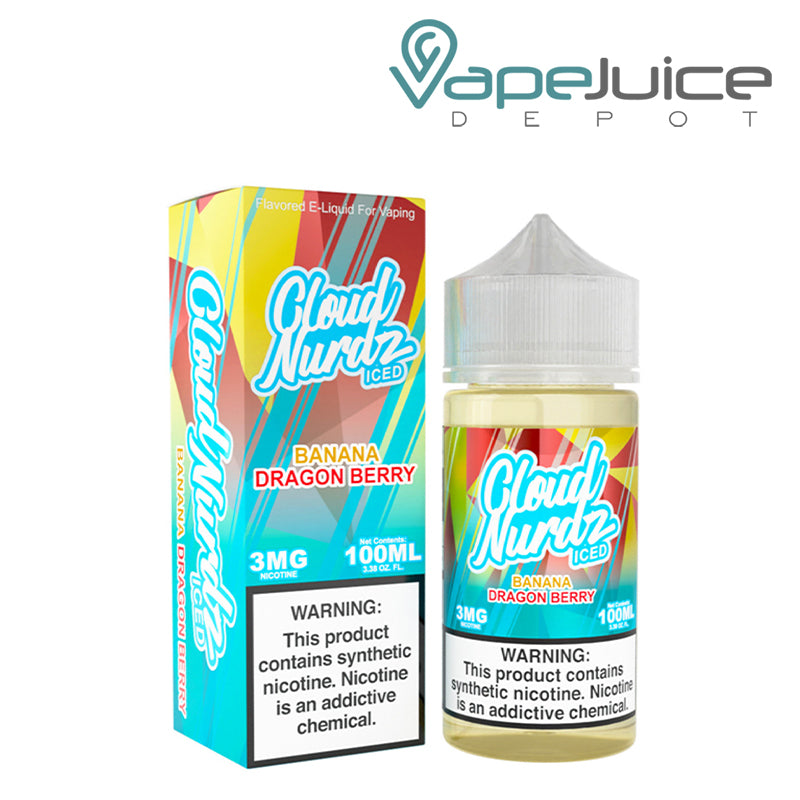 A Box of Banana Dragon Berry Ice TFN Cloud Nurdz with a warning sign and a 100ml bottle next to it - Vape Juice Depot