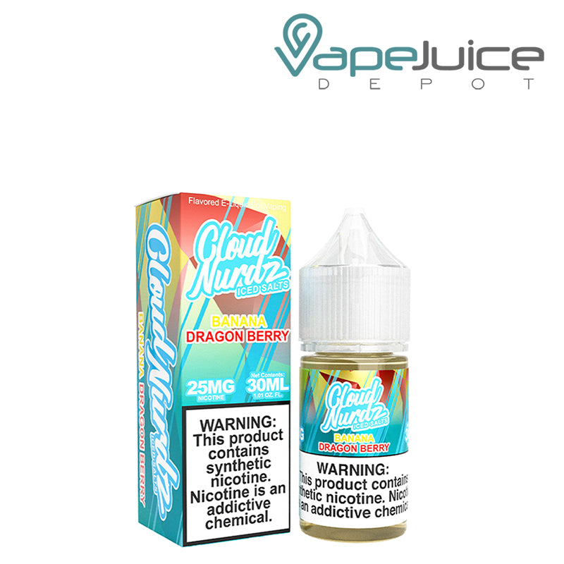 A Box of Banana Dragon Berry Ice TFN Salts Cloud Nurdz with a warning sign and a 30ml bottle next to it - Vape Juice Depot