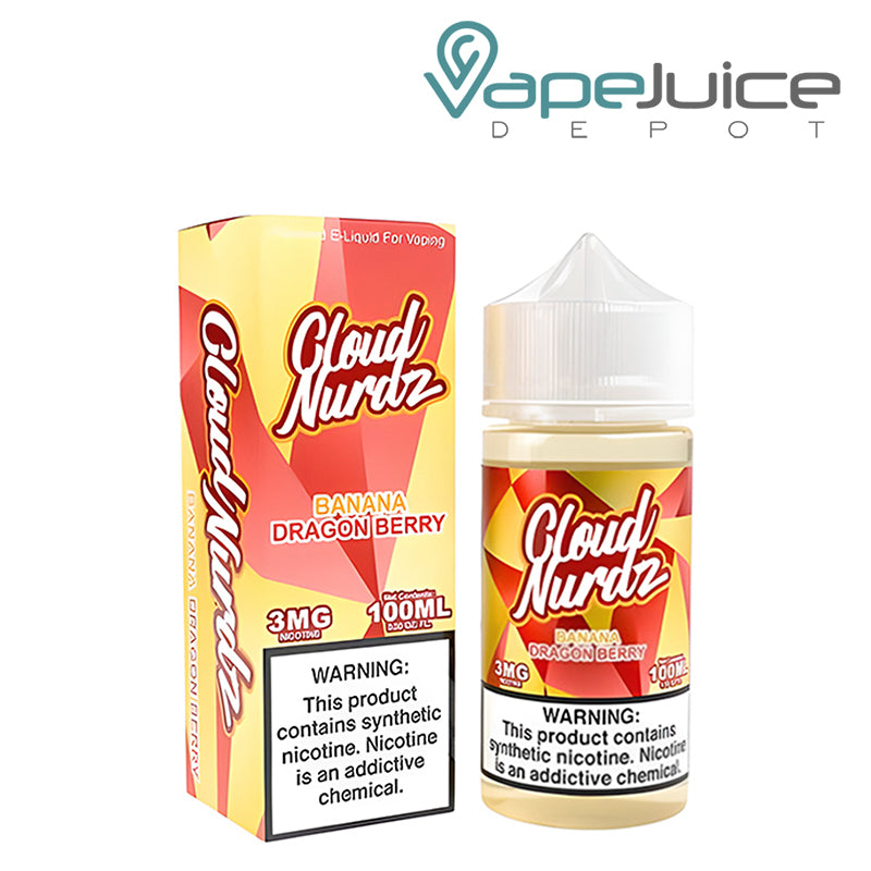 A Box of Banana Dragon Berry TFN Cloud Nurdz with a warning sign and a 100ml bottle next to it - Vape Juice Depot