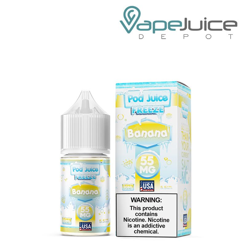 A 30ml bottle of Banana Freeze Pod Juice TFN Salt and a box with a warning sign next to it - Vape Juice Depot