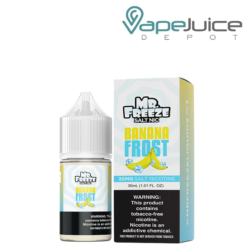 A 30ml bottle of Banana Frost Mr Freeze Salt Nic and a box with a warning sign next to it - Vape Juice Depot