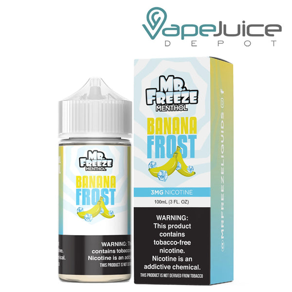 A 100ml bottle of Banana Frost Mr Freeze eLiquid and a box with a warning sign next to it - Vape Juice Depot