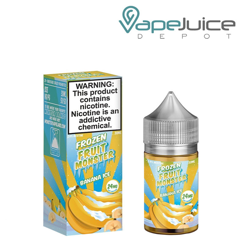 A box of Banana Ice Frozen Fruit Monster Salts with a warning and a 30ml chubby gorilla bottle next to it - Vape Juice Depot