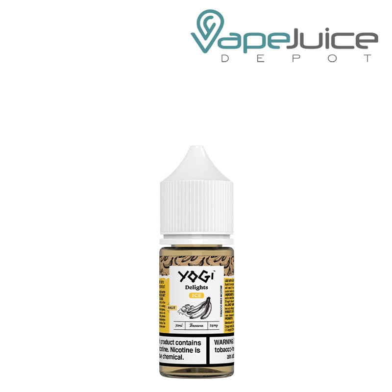 A 30ml bottle of Banana Ice Salts YOGI Delights with a warning sign - Vape Juice Depot