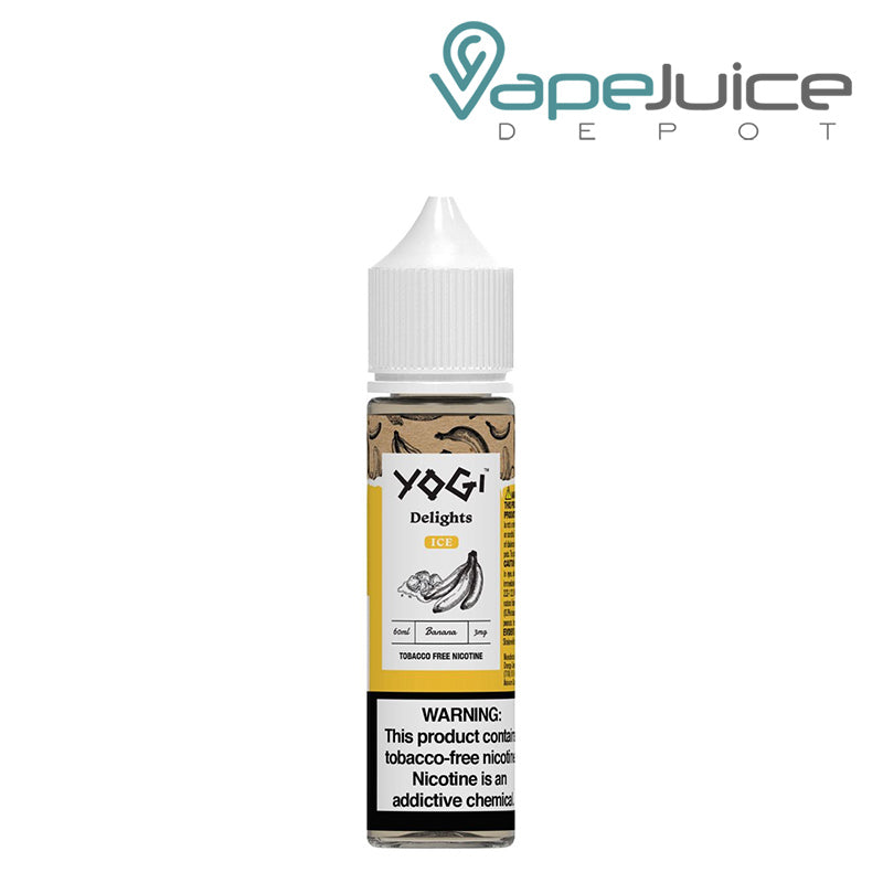 A bottle of Banana Ice YOGI Delights 60ml with a warning sign - Vape Juice Depot