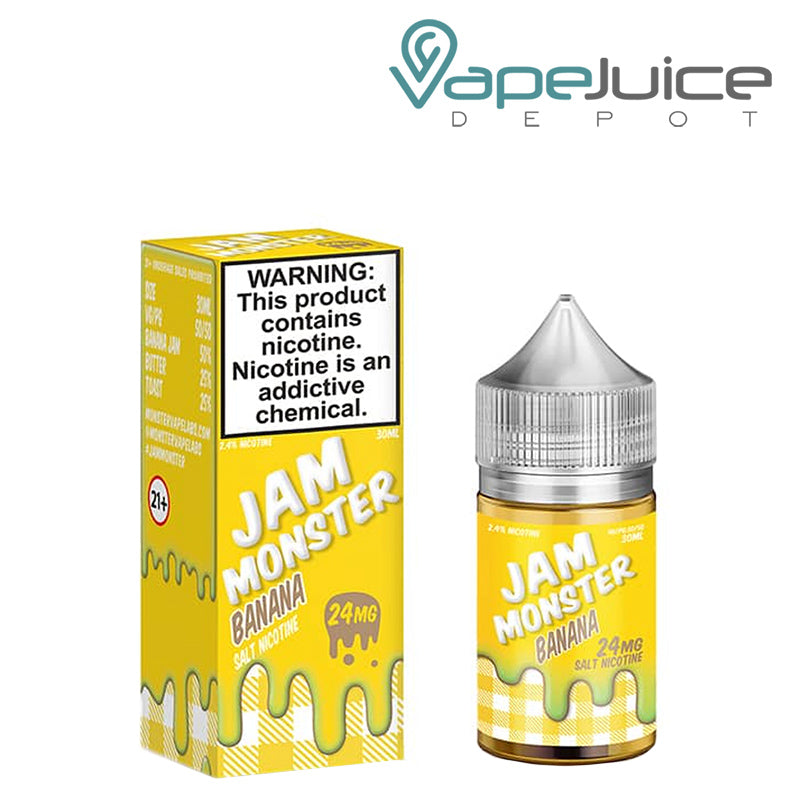 A box of Banana Jam Monster Salts with a warning sign and a 30ml bottle next to it - Vape Juice Depot