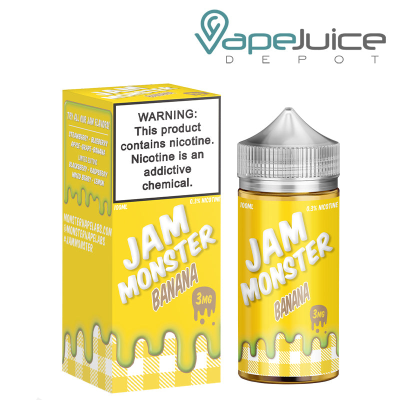 A box of Banana Jam Monster eLiquid with a warning sign and a 100ml bottle next to it - Vape Juice Depot
