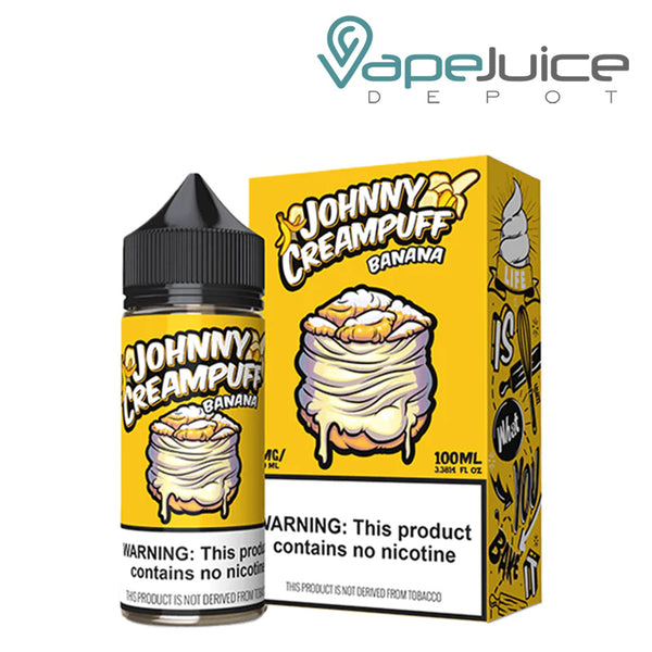 A 100ml bottle of Banana Johnny Creampuff eLiquid with a warning sign and a box next to it - Vape Juice Depot