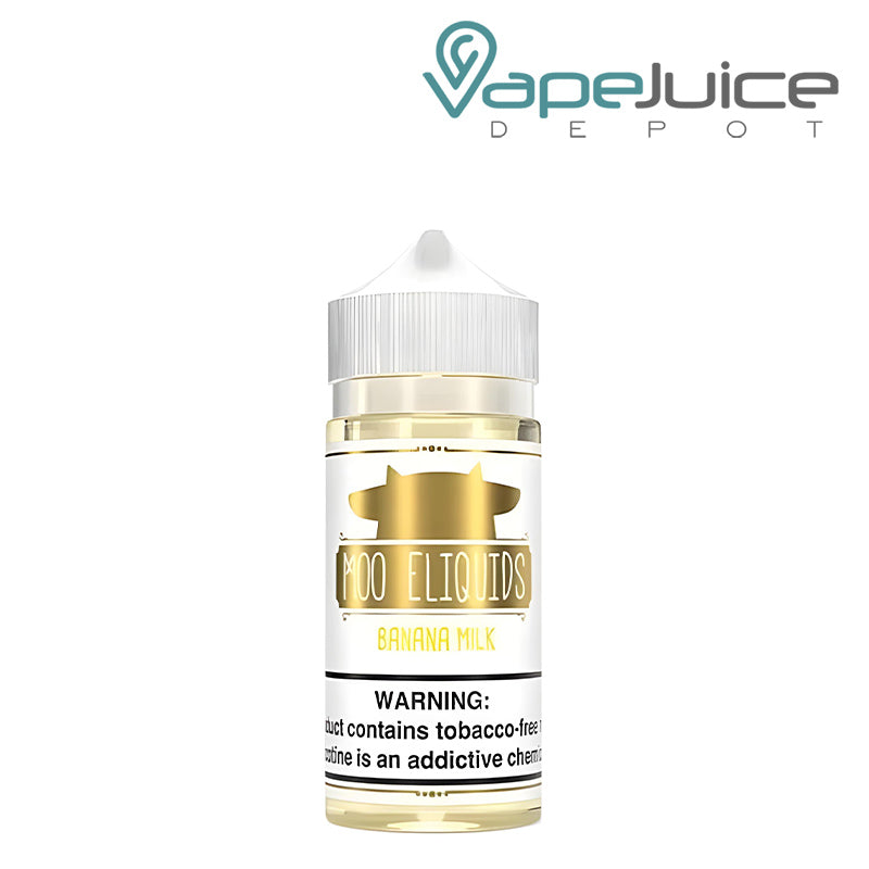 A 100ml bottle of Banana Milk Moo eLiquids with a warning sign - Vape Juice Depot