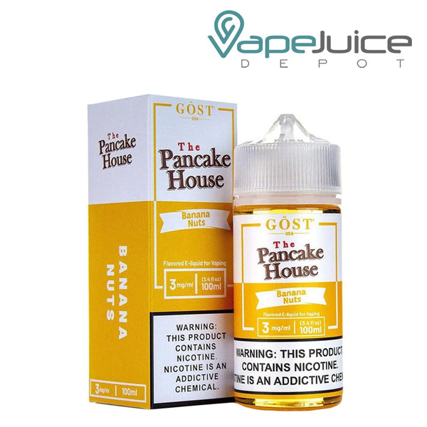 A box of Banana Nuts The Pancake House and a 100ml bottle with a warning sign next to it - Vape Juice Depot