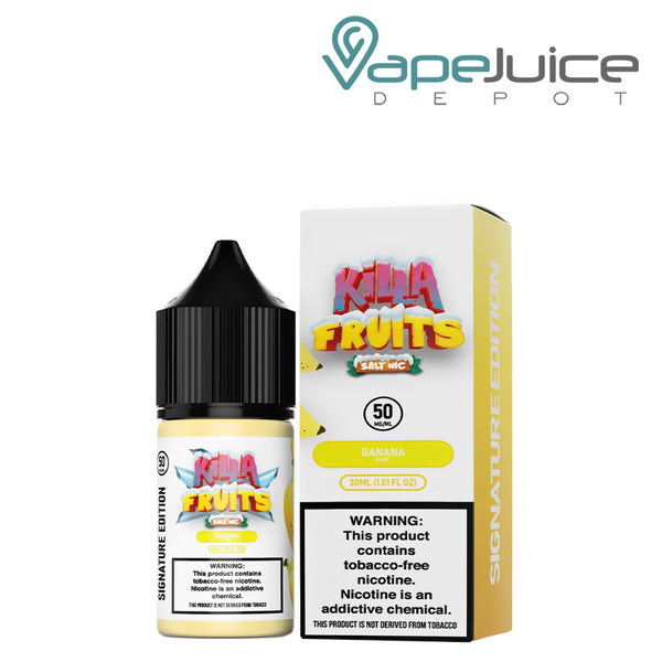 A 30ml bottle of Banana On Ice Killa Fruits Signature TFN Salt and a box with a warning sign next to it - Vape Juice Depot