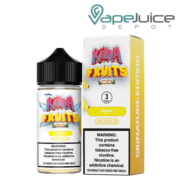 A 100ml bottle of Banana On Ice Killa Fruits Signature TFN Series and a box with a warning sign next to it - Vape Juice Depot