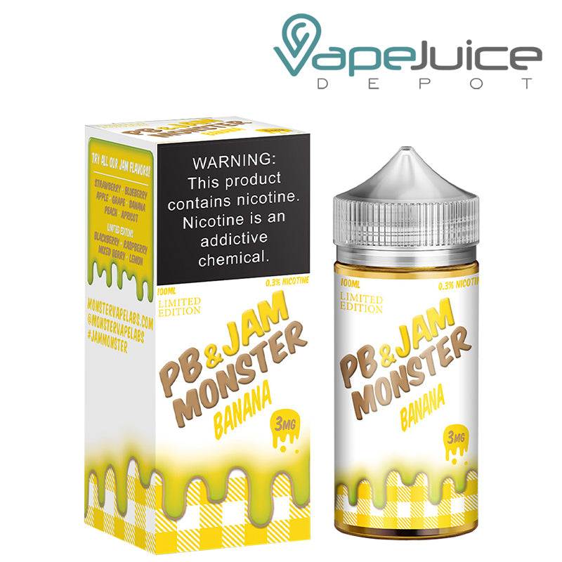 A box of Banana PB and Jam Monster eLiquid with a warning and a 100ml chubby gorilla bottle next to it - Vape Juice Depot