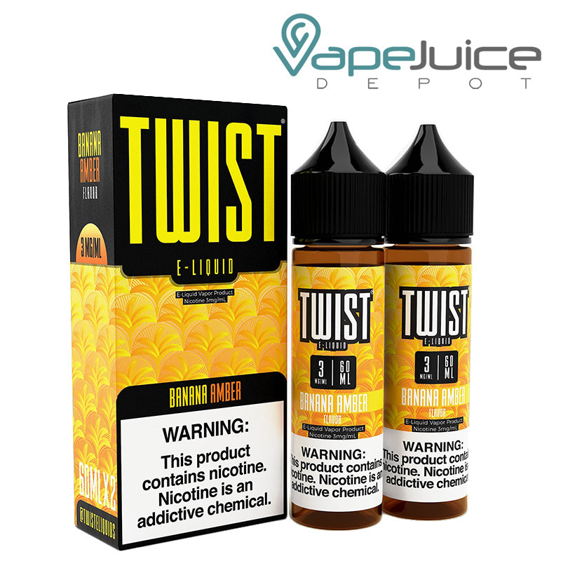A box of Banana Amber Twist 3mg E-Liquid and two 60ml bottles with a warning sign next to it - Vape Juice Depot